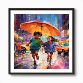 Children In The Rain Art Print