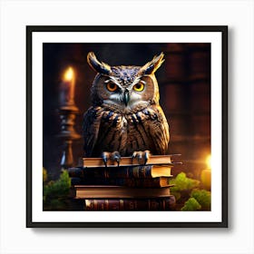 Owl Sitting On Books, An Owl Perched On A Stack Of Books Symbolizing Wisdom And Learning Art Print