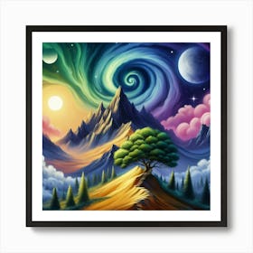 Mountain With Spiral Moon Sun Large Tree Art Print