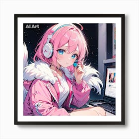 A teenage girl having blue eyes and pink hair, wearing a fur jacket, working on her computer. Art Print