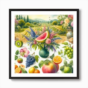 Fruit And Flowers In A Vase Art Print