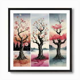 Three different palettes each containing cherries in spring, winter and fall Art Print