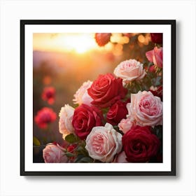 Bouquet Of Mixed Red And Pink Roses Peonies Delicately Woven Into Vines Soft Focus With Scattered (6) Art Print