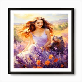 Girl With Dog In Lavender Field Art Print