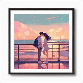 Couple Kissing At Sunset Art Print