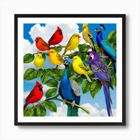 Colorful Birds On A Branch Art Print