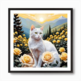 White Cat In The Rose Garden Art Print
