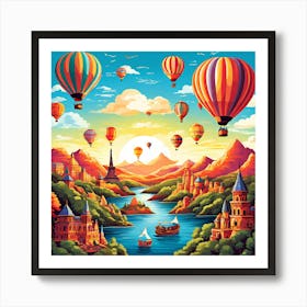 Hot Air Balloons In The Sky, Hot Air Balloon Adventures A Whimsical Pattern With Colorful Hot Air Balloons Floating Over Landmark 3 Art Print