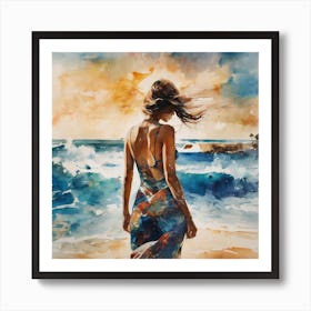 Woman Walking On The Beach Art Print