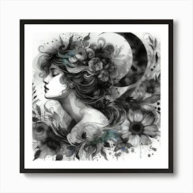 Moon And Flowers Art Print