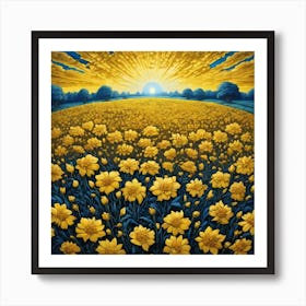 Yellow Flowers In Field With Blue Sky Centered Symmetry Painted Intricate Volumetric Lighting (4) Art Print