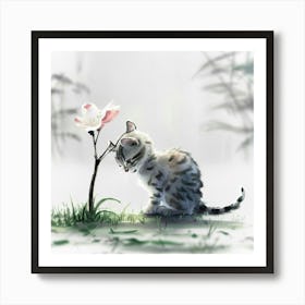 Little Kitten Looking At A Flower Art Print