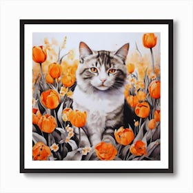 Cat In Orange Tulips Art Print