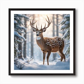 Deer In Winter Forest Art Print