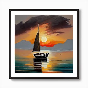 Landscape painting, sunset, boat and sea, oil painting Art Print