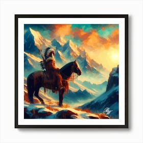 Oil Texture Native American Indian On Horseback In The Mountains 6 Copy Art Print