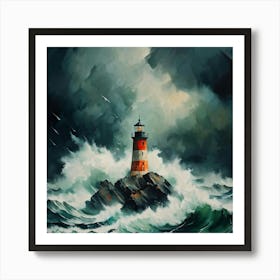 Abstract High Seas Crasdhing On Light House On A Big Rock Stormy Day Dark Clouds Rain Lighting Earthy Art Print