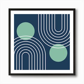 Mid Century Modern Geometric In Navy Blue And Greenery (Rainbow And Sun Abstract) 02 Art Print