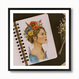 Watercolor Of A Girl With Flowers Art Print