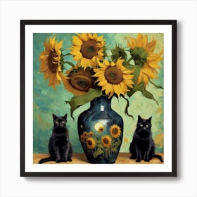 Vase With Three Sunflowers With A Black Cat, Van Gogh Inspired 3 Art Print