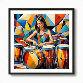 Girl Playing Drums Cubism Style Art Print