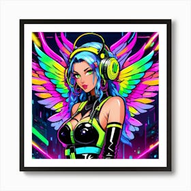 Neon Girl With Headphones 3 Art Print