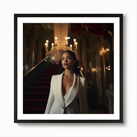 Tessa Thompson in white suit inside a classy hotel  Art Print