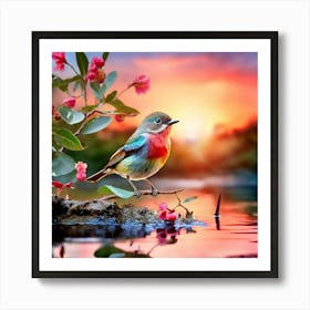 Scarlet Robin Sitting In The Olive Green Tree Art Print