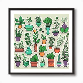 Doodles Of Potted Plants Art Print