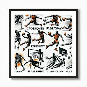 Basketball Moves & Techniques Printed Art An Energetic Illustration Of Iconic Basketball Moves, Perfect For Adding A Dynamic And Inspiring Touch To Any Basketball Enthusiast’S Space Printed Art Art Print