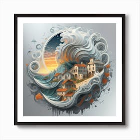 Mountain village sea waves tsunami 9 Art Print