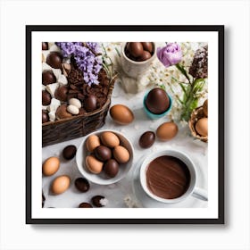 Easter Basket With Chocolate Eggs And Flowers Art Print