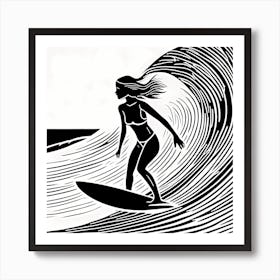 Linocut Black And White Surfer Girl On A Wave art, surfing art, 247 Art Print