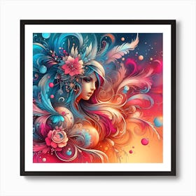 Colorful Girl With Flowers Art Print