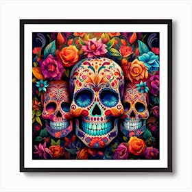 Maraclemente Many Sugar Skulls Colorful Flowers Vibrant Colors 7 Art Print