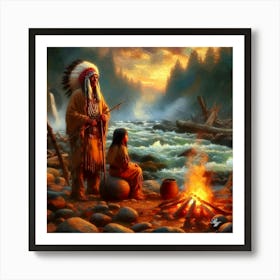 Oil Texture Native American Father And Daughter By Stream Copy Art Print