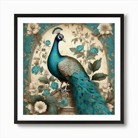 Turquoise Peacock Vintage Wallpaper With Leaves Art Print Art Print