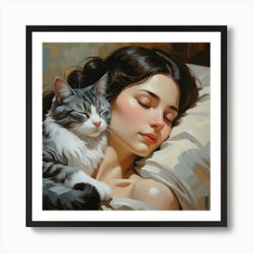 Woman Sleeping With A Cat Art Print