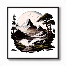 Stunning Mountain Landscape With Moon Art Print
