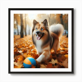 Dog Playing With Ball In Autumn Park Art Print