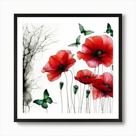 Poppies And Butterflies 1 Art Print