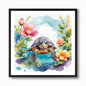 Watercolor Turtle With Flowers Art Print