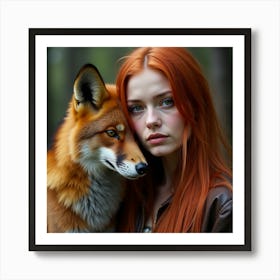 Red Haired Girl With Fox Art Print