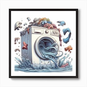 Washing Machine In The Water - A pile of laundry on a washing machine, but the clothes are not just floating in mid-air, they are dancing and swirling. The washing machine itself is also spinning upside down, and the water is flowing in all directions. The scene is rendered in a whimsical, cartoonish style. Art Print