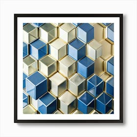 An abstract image of a geometric pattern formed by blue and gold cubes. Art Print