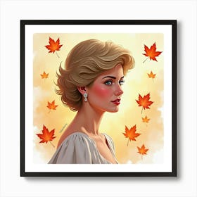 Princess Diana With A Soft Watercolor Background Of Autumn Leaves 1 Art Print