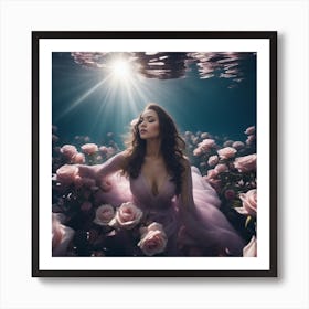 Tyndall Effect, A Beautiful Gregnent Women Lies Underwater In Front Of Pale Purpur Roses, Dress, Sun (1) Art Print