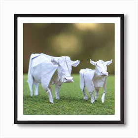 Origami Style 3 Cows Close Up Starring At You On Green Grass 3d 4k Studio Lighting White Backgrou 754665776 Art Print