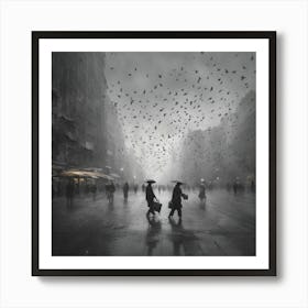 Two People Walking In The Rain Art Print