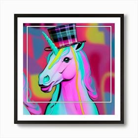 A Neon Unicorn With A Plaid Top Hat, Inspired By The Pop Art Style Of Roy Lichtenstein, In A Neon Rainbow Color Scheme, With The Unicorn In Sharp Focus And The Background Blurred, Framed With A Minimalist Outline 1 Art Print